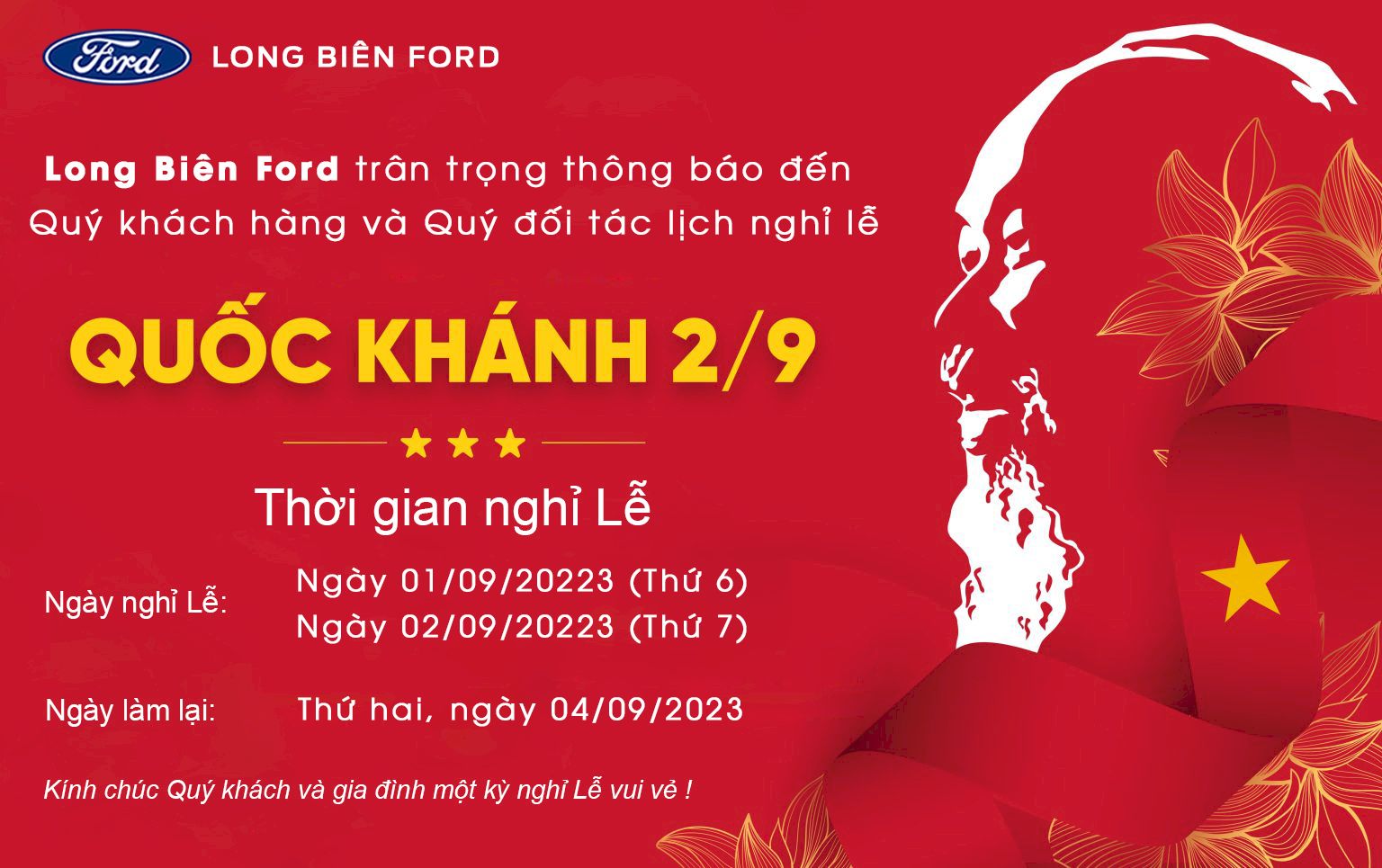 THÔNG BÁO LỊCH NGHỈ LỄ QUỐC KHÁNH 2/9