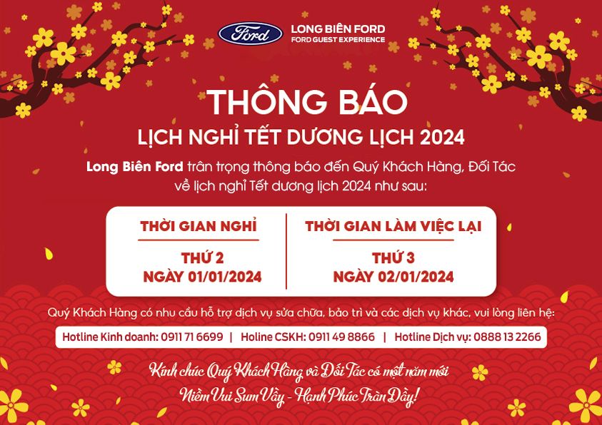 Thông báo lịch nghỉ Tết Dương Lịch 2024 - Long Biên Ford