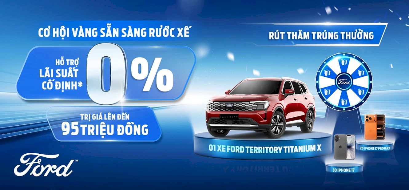 Cơ hội vàng nhận hỗ trợ lãi suất cố định 0% trị giá lên đến 95 triệu đồng và bốc thăm trúng thưởng 1 xe ô tô Ford Territory cùng nhiều phần quà hấp dẫn trong tháng 05/2026